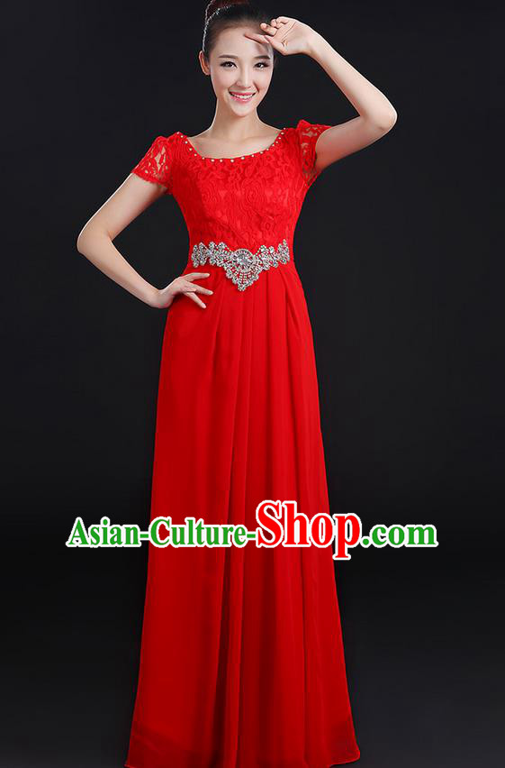 Traditional Modern Dancing Compere Costume, Women Opening Classic Chorus Singing Group Dance Uniforms, Modern Dance Lace Long Red Dress for Women