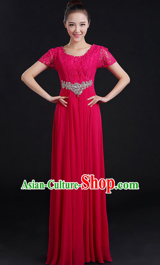 Traditional Modern Dancing Compere Costume, Women Opening Classic Chorus Singing Group Dance Uniforms, Modern Dance Lace Long Rose Dress for Women