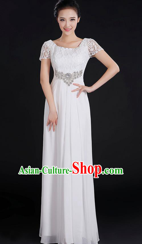 Traditional Modern Dancing Compere Costume, Women Opening Classic Chorus Singing Group Dance Uniforms, Modern Dance Lace Long White Dress for Women