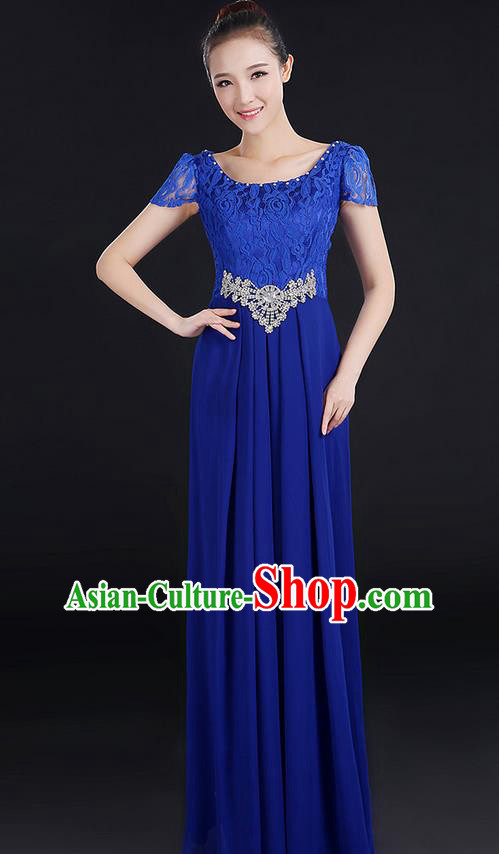 Traditional Modern Dancing Compere Costume, Women Opening Classic Chorus Singing Group Dance Uniforms, Modern Dance Lace Long Royalblue Dress for Women