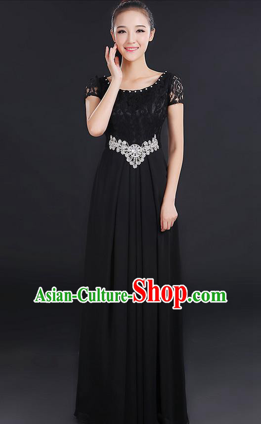 Traditional Modern Dancing Compere Costume, Women Opening Classic Chorus Singing Group Dance Uniforms, Modern Dance Lace Long Black Dress for Women