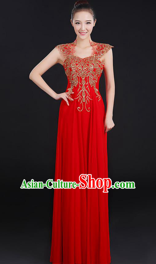 Traditional Modern Dancing Compere Costume, Women Opening Classic Chorus Singing Group Dance Uniforms, Modern Dance Paillette Long Red Dress for Women