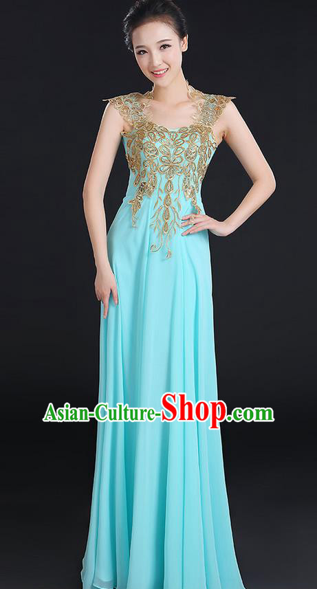 Traditional Modern Dancing Compere Costume, Women Opening Classic Chorus Singing Group Dance Uniforms, Modern Dance Paillette Long Blue Dress for Women