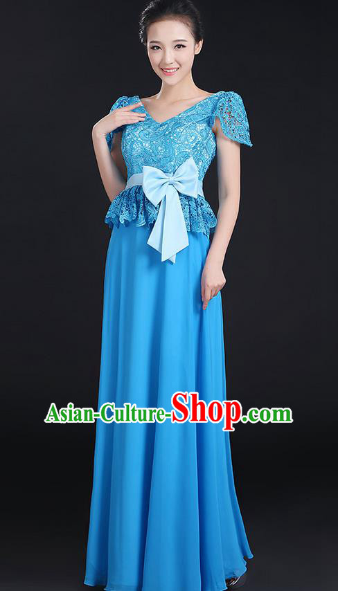 Traditional Modern Dancing Compere Costume, Women Opening Classic Chorus Singing Group Dance Bowknot Uniforms, Modern Dance Lace Long Blue Dress for Women