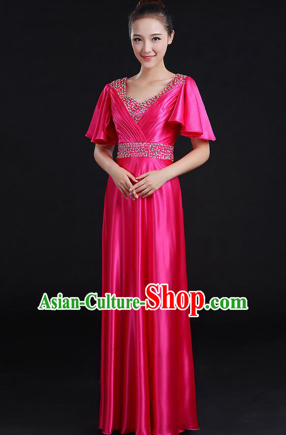 Traditional Chinese Modern Dancing Compere Costume, Women Opening Classic Chorus Singing Group Dance Uniforms, Modern Dance Crystal Long Rose Dress for Women