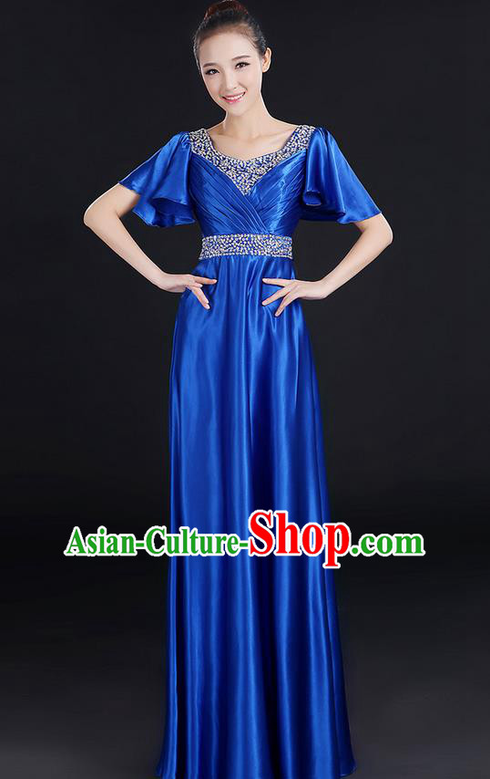 Traditional Chinese Modern Dancing Compere Costume, Women Opening Classic Chorus Singing Group Dance Uniforms, Modern Dance Crystal Long Royalblue Dress for Women