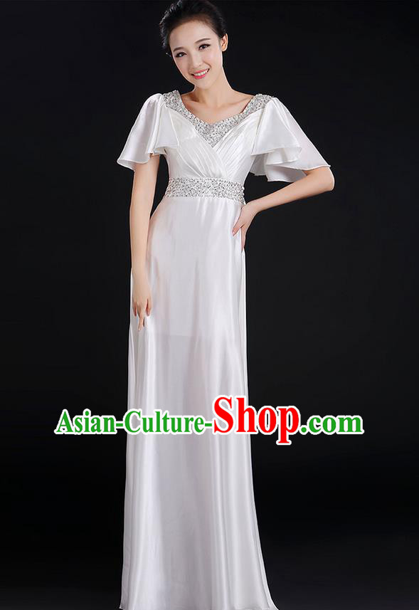 Traditional Chinese Modern Dancing Compere Costume, Women Opening Classic Chorus Singing Group Dance Uniforms, Modern Dance Crystal Long White Dress for Women