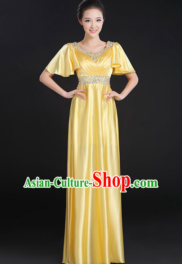 Traditional Chinese Modern Dancing Compere Costume, Women Opening Classic Chorus Singing Group Dance Uniforms, Modern Dance Crystal Long Yellow Dress for Women