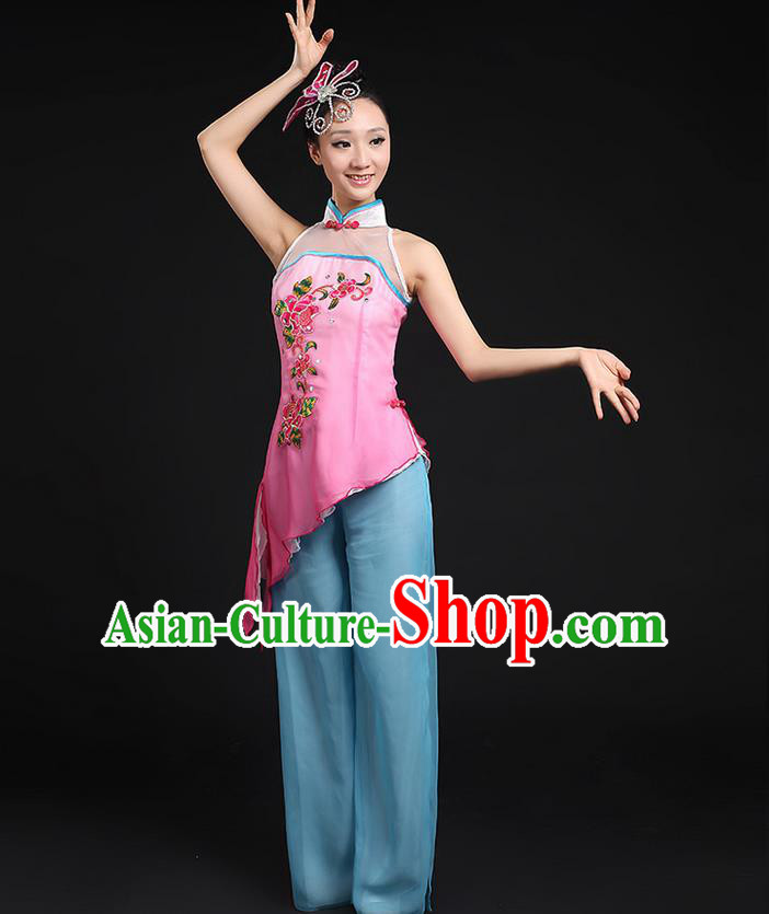 Traditional Chinese Yangge Fan Dancing Costume, Folk Dance Yangko Stand Collar Uniforms, Classic Dance Dress Drum Dance Embroidered Clothing for Women