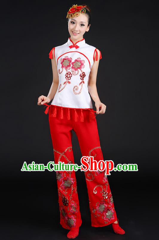 Traditional Chinese Yangge Fan Dancing Costume, Folk Dance Yangko Stand Collar Uniforms, Classic Dance Dress Drum Dance Paillette Clothing for Women