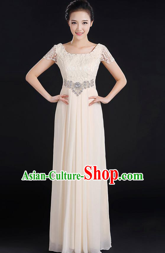 Traditional Modern Dancing Compere Costume, Women Opening Classic Chorus Singing Group Dance Uniforms, Modern Dance Lace Long Champagne Dress for Women