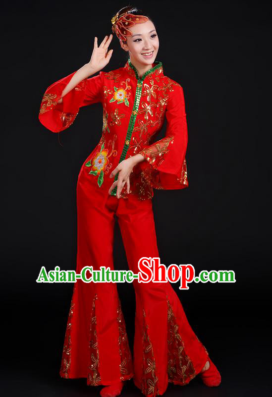 Traditional Chinese Yangge Fan Dancing Costume, Folk Dance Yangko Umbrella Dance Uniforms, Classic Dance Elegant Dress Drum Dance Red Paillette Clothing for Women