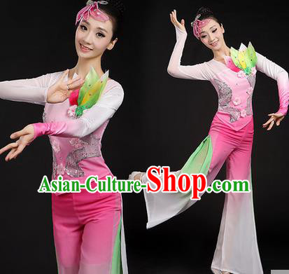 Traditional Chinese Yangge Fan Dancing Costume, Folk Dance Yangko Uniforms, Classic Dance Elegant Dress Drum Dance Paillette Lotus Pink Clothing for Women