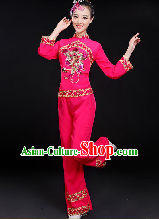 Traditional Chinese Yangge Fan Dancing Costume, Folk Dance Yangko Uniforms, Classic Dance Elegant Dress Drum Dance Paillette Peony Rose Clothing for Women