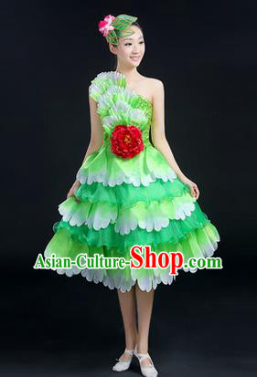 Traditional Chinese Modern Dancing Compere Costume, Women Opening Classic Chorus Singing Group Dance Big Swing Uniforms, Modern Dance Peony Bubble Dress for Women