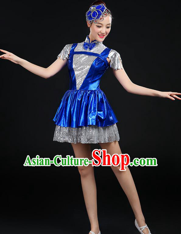 Traditional Chinese Modern Dancing Compere Costume, Women Opening Classic Chorus Singing Group Dance Big Swing Uniforms, Modern Dance Short Tassel Bubble Paillette Dress for Women