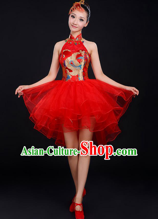 Traditional Chinese Modern Dancing Compere Costume, Women Opening Classic Chorus Singing Group Dance Dragon Uniforms, Modern Dance Classic Dance Cheongsam Red Dress for Women