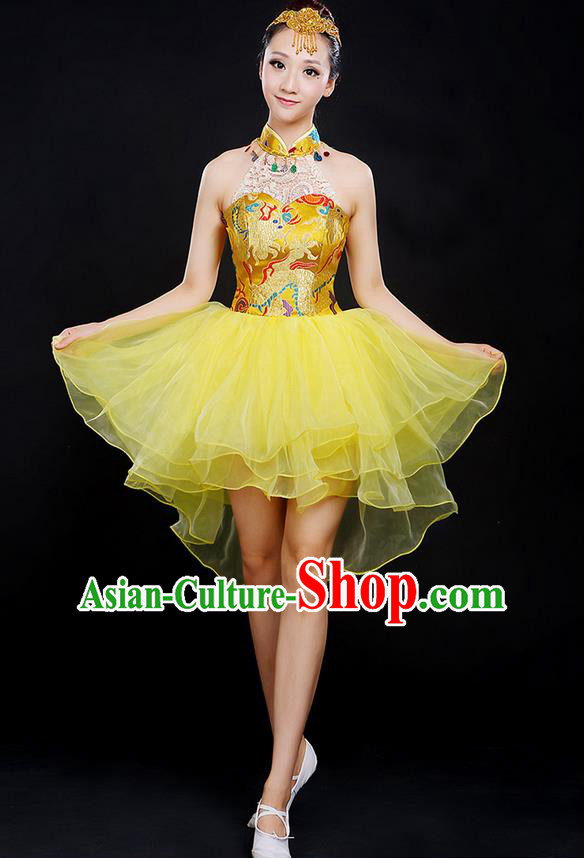 Traditional Chinese Modern Dancing Compere Costume, Women Opening Classic Chorus Singing Group Dance Dragon Uniforms, Modern Dance Classic Dance Yellow Cheongsam Dress for Women