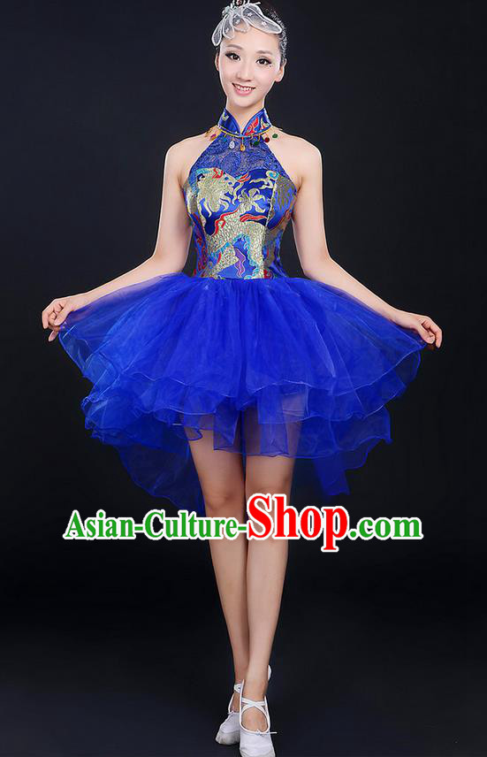 Traditional Chinese Modern Dancing Compere Costume, Women Opening Classic Chorus Singing Group Dance Dragon Uniforms, Modern Dance Classic Dance Blue Cheongsam Dress for Women