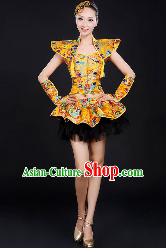 Traditional Chinese Modern Dancing Compere Costume, Women Opening Classic Chorus Singing Group Dance Dragon Uniforms, Modern Dance Classic Dance Bubble Cheongsam Dress for Women