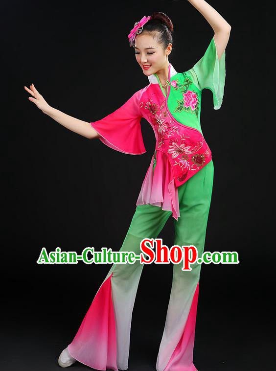 Traditional Chinese Yangge Fan Dancing Costume, Folk Dance Yangko Embroidered Peony Uniforms, Classic Dance Elegant Dress Drum Dance Clothing for Women