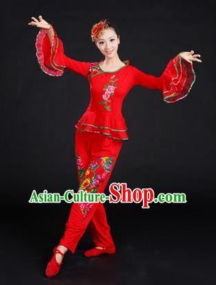 Traditional Chinese Yangge Fan Dancing Costume, Folk Dance Yangko Embroidered Peony Uniforms, Classic Umbrella Dance Elegant Dress Drum Dance Red Clothing for Women