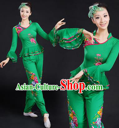 Traditional Chinese Yangge Fan Dancing Costume, Folk Dance Yangko Embroidered Peony Uniforms, Classic Umbrella Dance Elegant Dress Drum Dance Green Clothing for Women