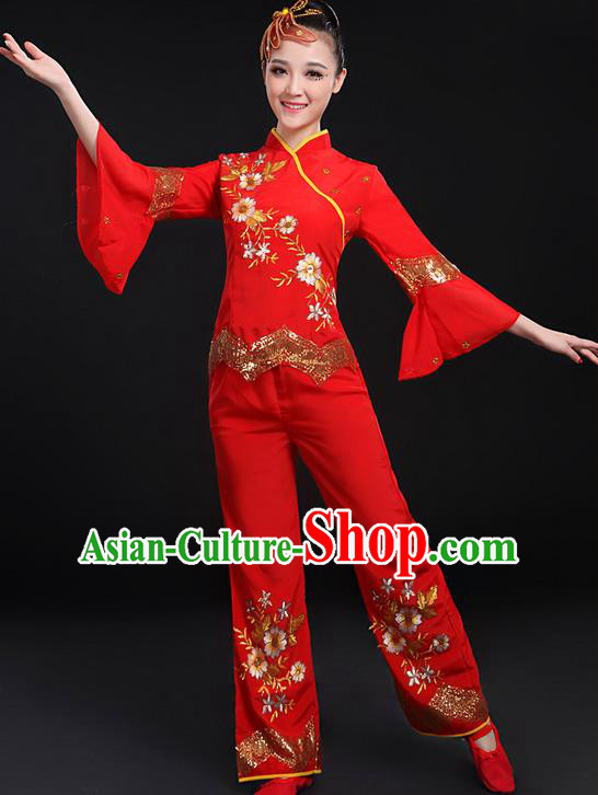 Traditional Chinese Yangge Fan Dancing Costume, Folk Dance Yangko Uniforms, Classic Umbrella Dance Elegant Dress Drum Dance Red Paillette Flowers Clothing for Women