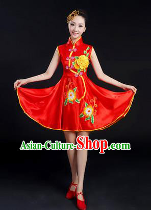 Traditional Chinese Yangge Fan Dancing Costume, Folk Dance Yangko Peony Uniforms, Classic Umbrella Dance Elegant Dress Drum Dance Red Cheongsam Clothing for Women