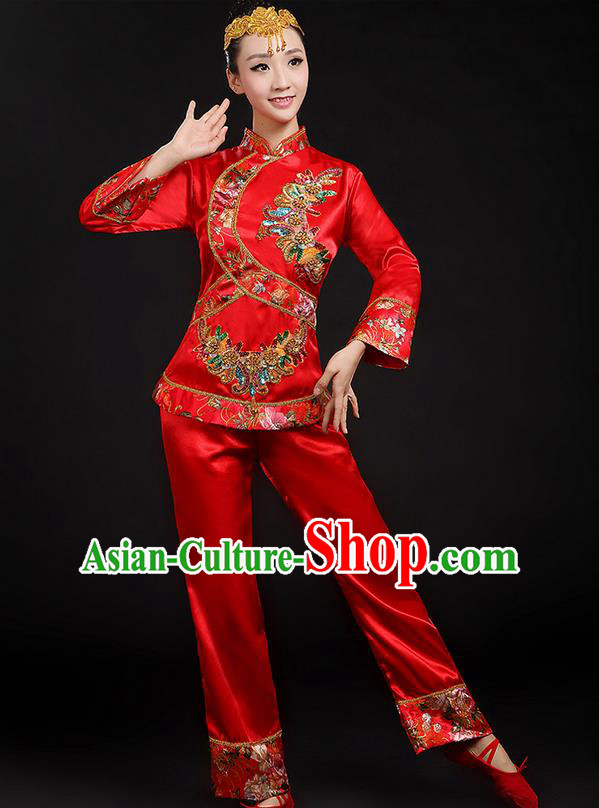 Traditional Chinese Yangge Fan Dancing Costume, Folk Dance Yangko Uniforms, Classic Umbrella Dance Elegant Dress Drum Dance Red Paillette Phoenix Clothing for Women