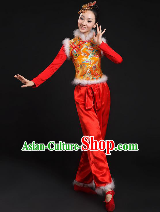 Traditional Chinese Yangge Fan Dancing Costume, Folk Dance Yangko Uniforms, Classic Umbrella Dance Elegant Dress Drum Dance Mandarin Collar Phoenix Clothing for Women