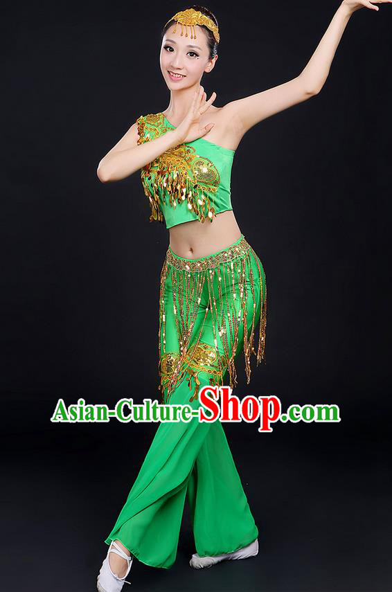 Traditional Chinese Dai Nationality Peacock Dancing Costume, Folk Dance Ethnic Paillette Dress Uniform, Chinese Minority Nationality Dancing Green Clothing for Women