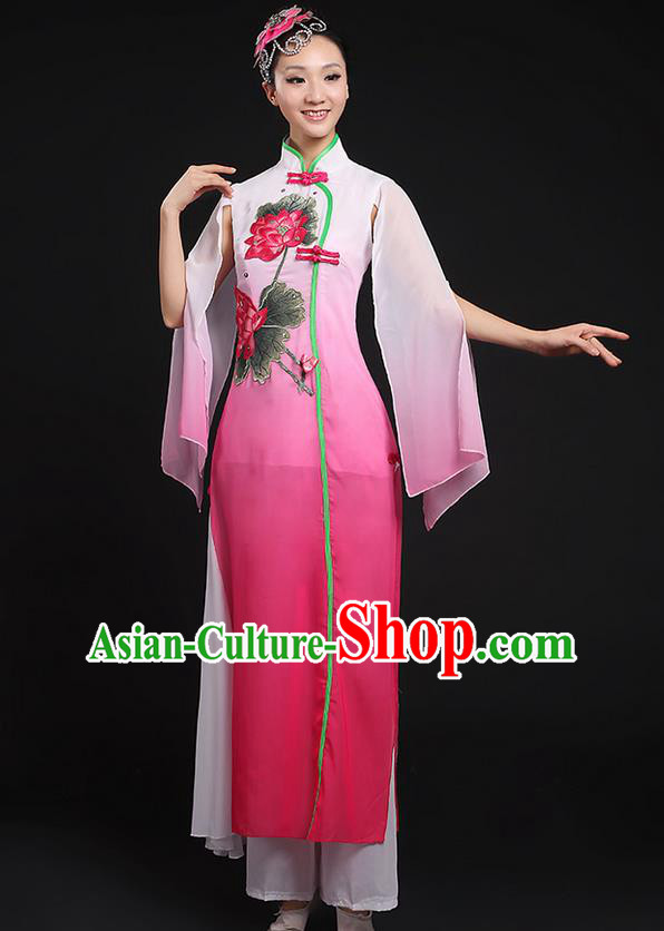 Traditional Chinese Yangge Fan Dancing Costume, Folk Dance Yangko Uniforms, Classic Lotus Dance Elegant Dress Drum Dance Pink Clothing for Women