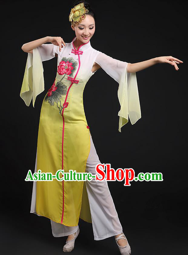 Traditional Chinese Yangge Fan Dancing Costume, Folk Dance Yangko Uniforms, Classic Lotus Dance Elegant Dress Drum Dance Yellow Clothing for Women
