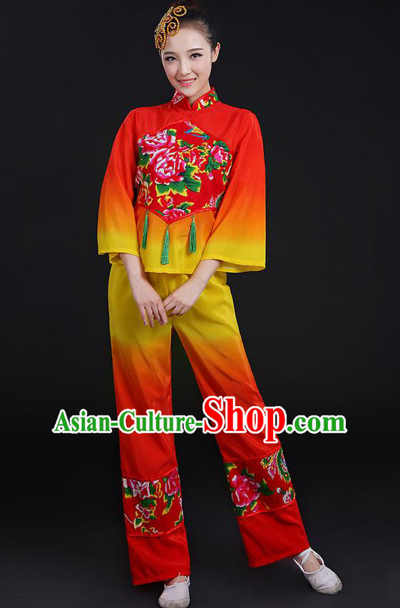 Traditional Chinese Yangge Fan Dancing Costume, Folk Dance Yangko Uniforms, Classic Dance Elegant Dress Drum Dance Peony Red Clothing for Women