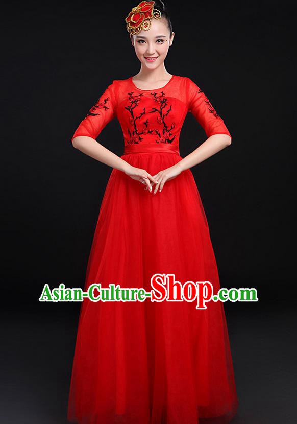 Traditional Chinese Modern Dancing Compere Costume, Women Opening Classic Chorus Singing Group Dance Bubble Uniforms, Modern Dance Embroidered Plum Blossom Long Red Dress for Women