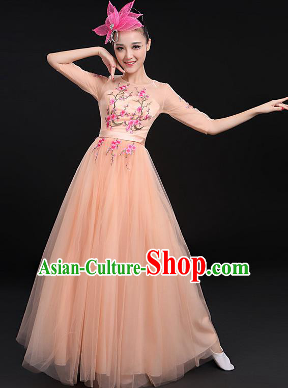 Traditional Chinese Modern Dancing Compere Costume, Women Opening Classic Chorus Singing Group Dance Bubble Uniforms, Modern Dance Embroidered Plum Blossom Long Fleshcolor Dress for Women