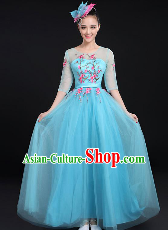 Traditional Chinese Modern Dancing Compere Costume, Women Opening Classic Chorus Singing Group Dance Bubble Uniforms, Modern Dance Embroidered Plum Blossom Long Blue Dress for Women