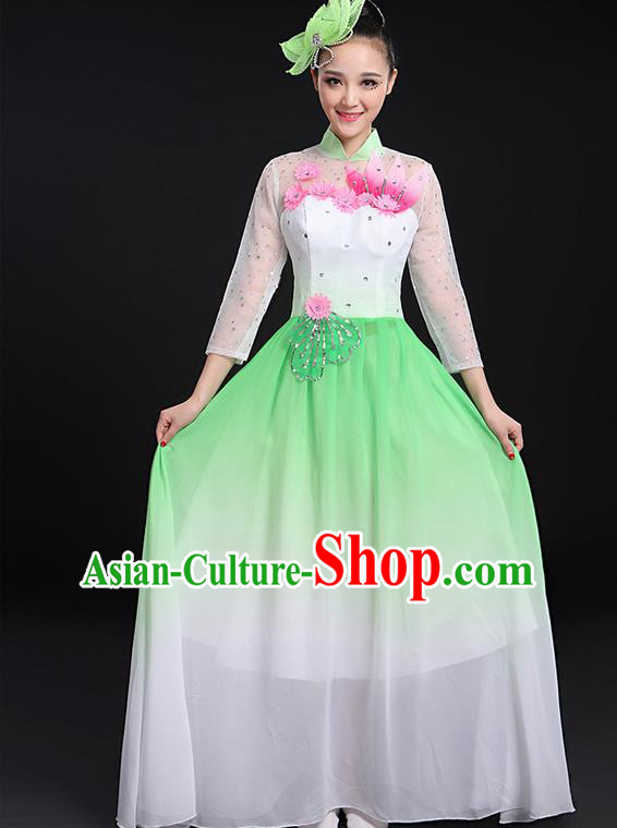 Traditional Chinese Modern Dancing Compere Costume, Women Opening Classic Chorus Singing Group Dance Big Swing Uniforms, Modern Dance Long Green Flowers Dress for Women