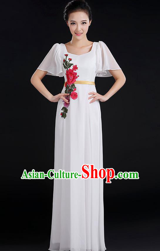 Traditional Chinese Modern Dancing Compere Costume, Women Opening Classic Chorus Singing Group Dance Peony Uniforms, Modern Dance Classic Dance Long White Dress for Women