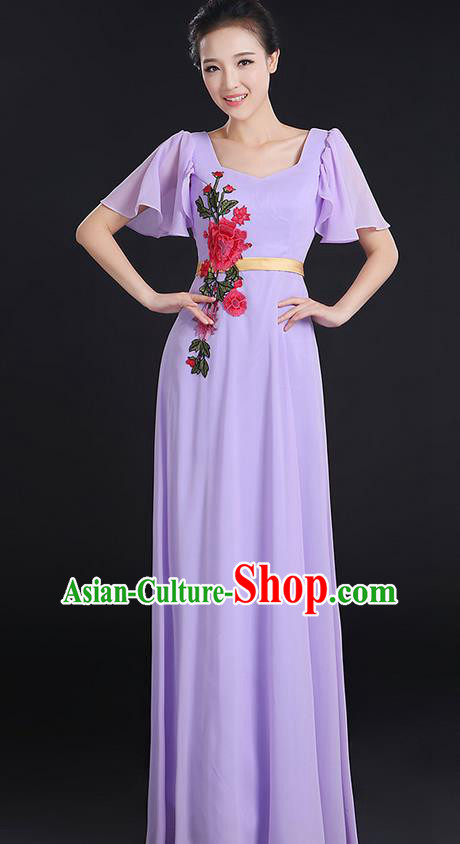 Traditional Chinese Modern Dancing Compere Costume, Women Opening Classic Chorus Singing Group Dance Peony Uniforms, Modern Dance Classic Dance Long Lilac Dress for Women