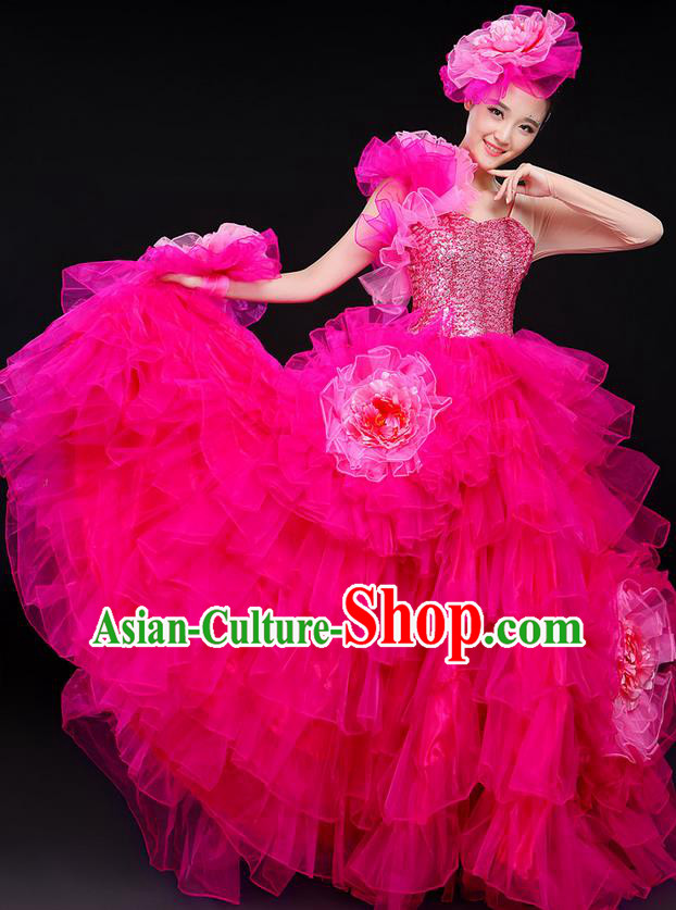 Traditional Chinese Modern Dancing Compere Costume, Women Opening Classic Chorus Singing Group Dance Big Swing Uniforms, Modern Dance Classic Dance Long Bubble Dress for Women