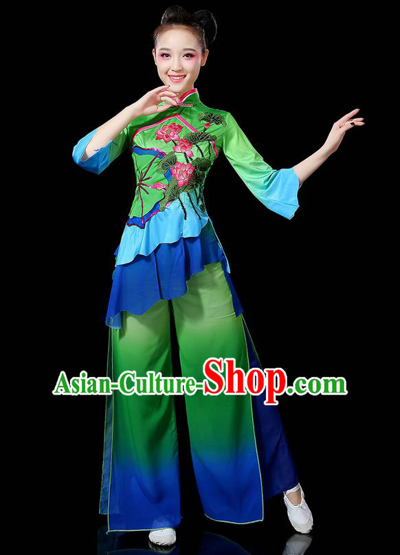 Traditional Chinese Yangge Fan Dancing Costume, Folk Dance Yangko Uniforms, Classic Lotus Dance Elegant Dress Drum Dance Green Clothing for Women