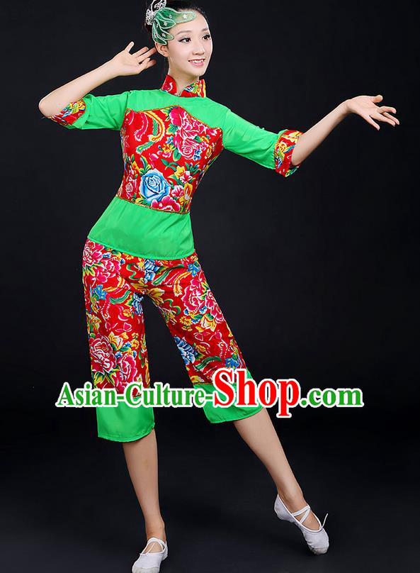 Traditional Chinese Yangge Fan Dancing Costume, Folk Dance Yangko Fairy Uniforms, Classic Dance Elegant Dress Drum Dance Peony Green Clothing for Women