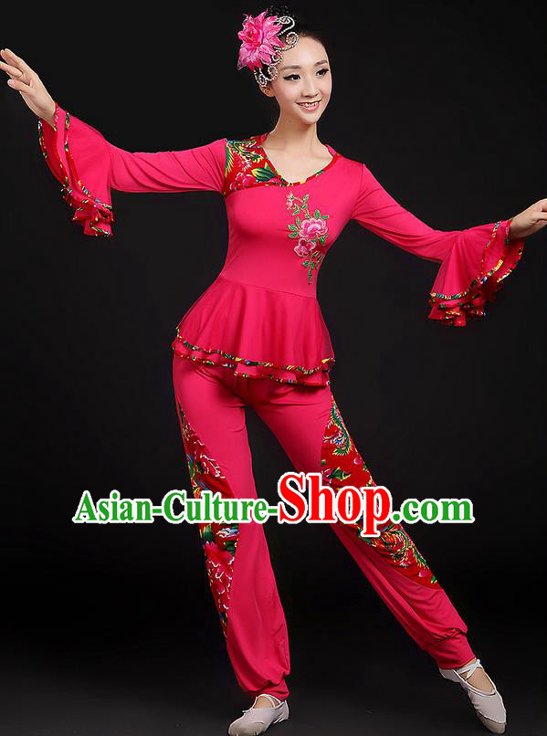 Traditional Chinese Yangge Fan Dancing Costume, Folk Dance Yangko Mandarin Sleeve Uniforms, Classic Dance Elegant Dress Drum Dance Peony Rose Clothing for Women