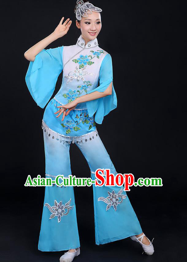 Traditional Chinese Yangge Fan Dancing Costume, Folk Dance Yangko Mandarin Sleeve Paillette Uniforms, Classic Dance Elegant Dress Drum Dance Peony Blue Clothing for Women