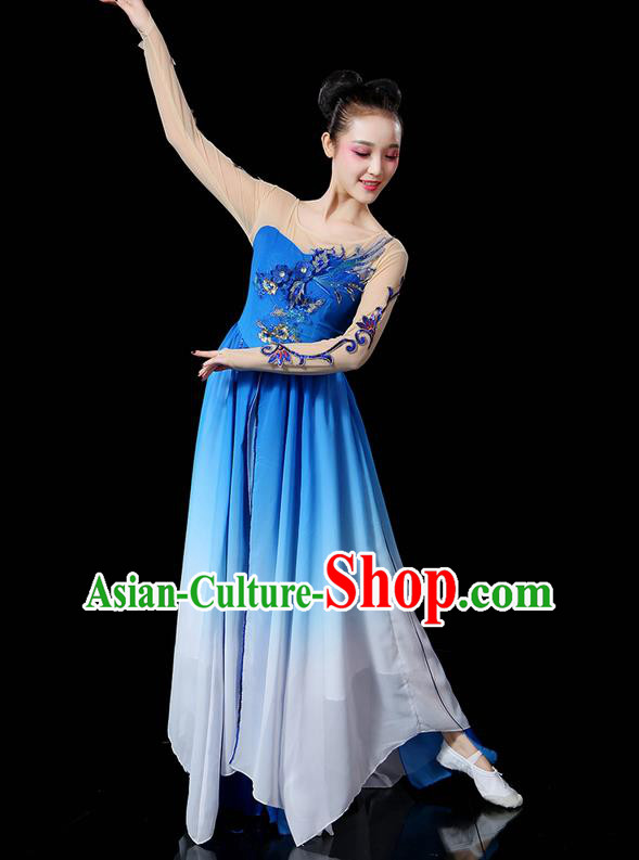 Traditional Chinese Yangge Fan Dancing Costume, Folk Dance Yangko Uniforms, Classic Umbrella Dance Elegant Dress Drum Dance Sequins Phoenix Blue Clothing for Women