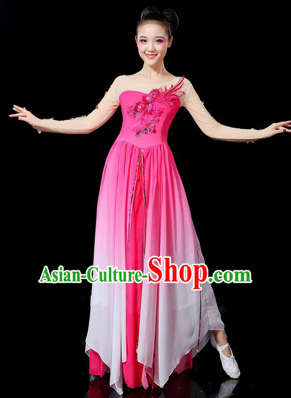 Traditional Chinese Yangge Fan Dancing Costume, Folk Dance Yangko Uniforms, Classic Umbrella Dance Elegant Dress Drum Dance Sequins Phoenix Rose Clothing for Women
