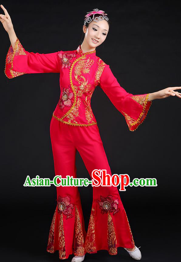 Traditional Chinese Yangge Fan Dancing Costume, Folk Dance Yangko Mandarin Sleeve Paillette Uniforms, Classic Dance Elegant Dress Drum Dance Paillette Rose Clothing for Women