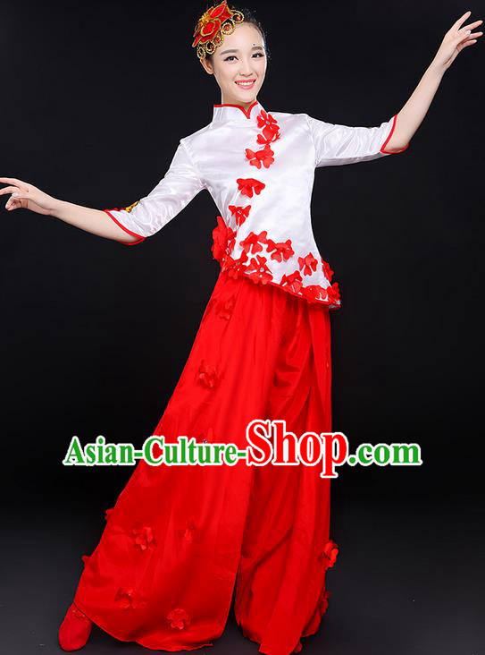 Traditional Chinese Yangge Fan Dancing Costume, Folk Dance Yangko Uniforms, Classic Dance Elegant Dress Drum Dance Red Clothing for Women